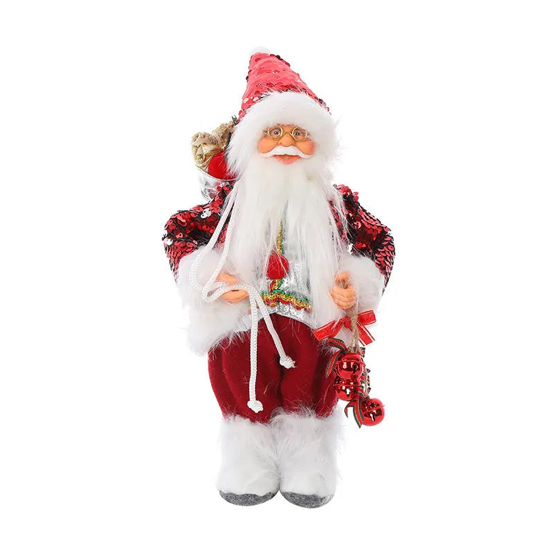 30cm Christmas doll in plastic and cloth, boxed, with Santa or snowman design and optional red or silver sequins