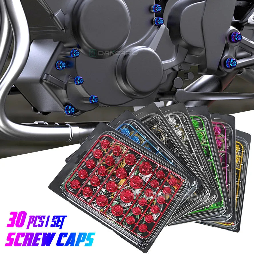 Set of 30 coloured ABS plastic screw caps for motorcycle engine modification, showing black, red, gold, blue, silver, green, orange, and purple options
