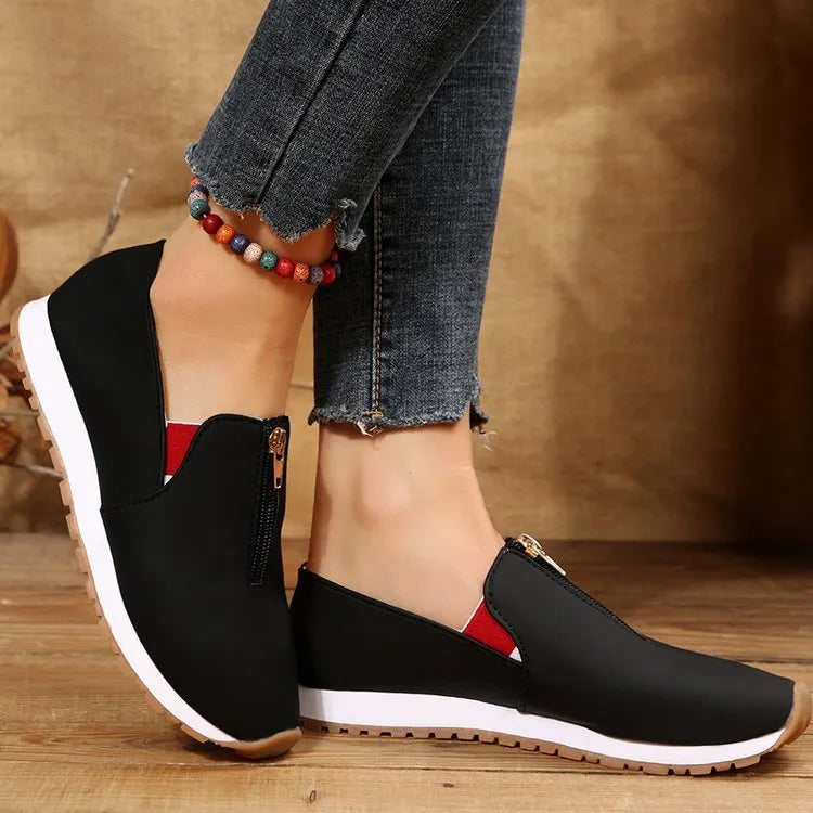 Women's zip flats loafers in red, black or dark blue with round toe and low heel