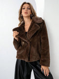 Women's loose short fox fur coat in rose red, 50cm length with regular sleeves and faux fur fabric