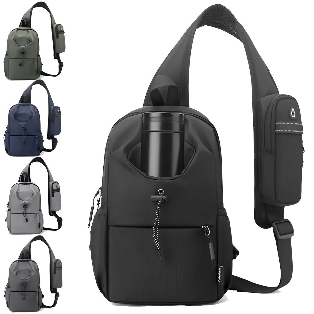 Dark grey Oxford cloth crossbody chest bag with stitching detail, shown being worn.