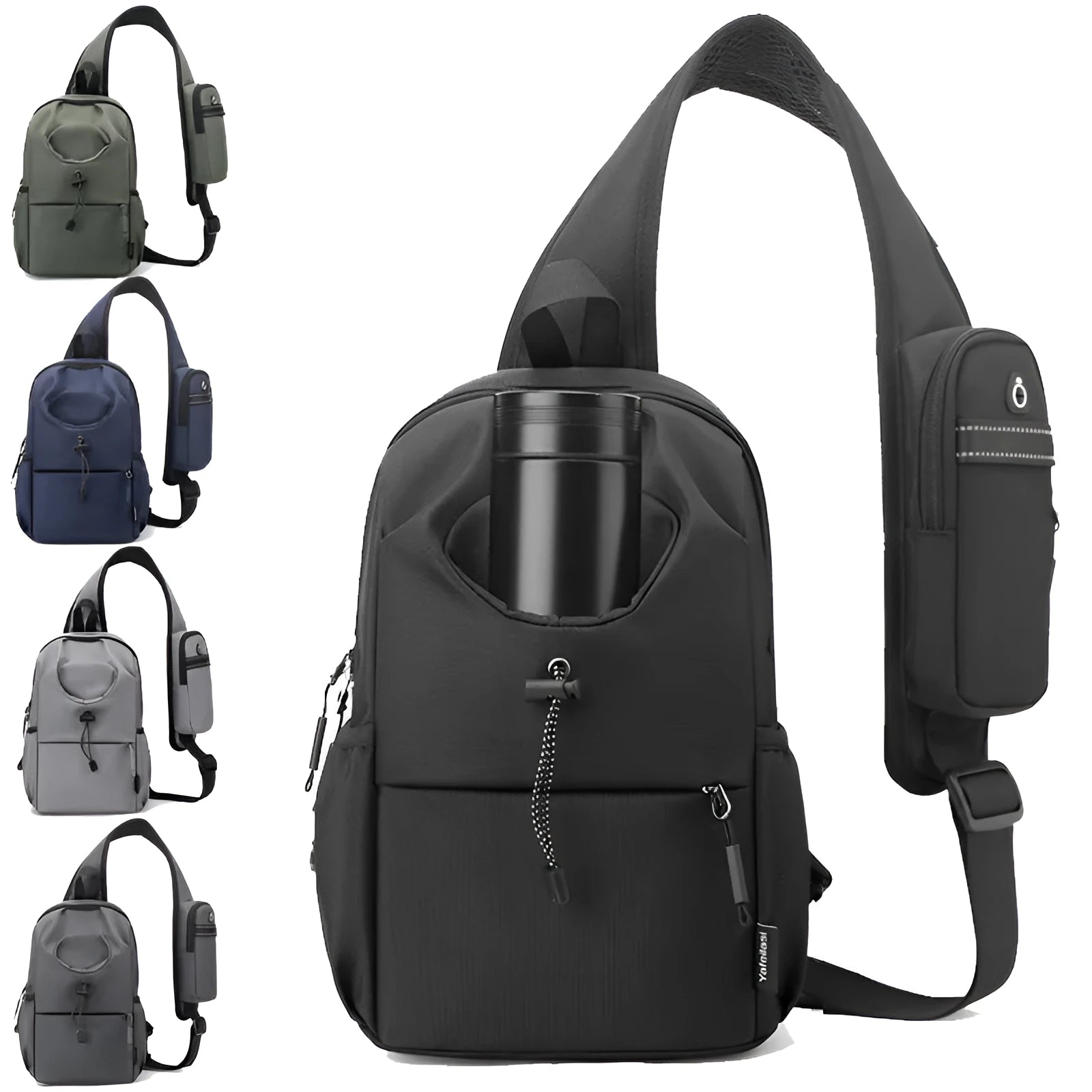 Dark grey Oxford cloth crossbody chest bag with stitching detail, shown being worn.