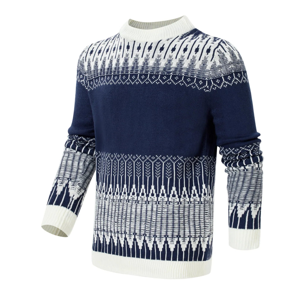 Men's grey knitted pullover sweater with ribbed crew neck and cuffs on a hanger.