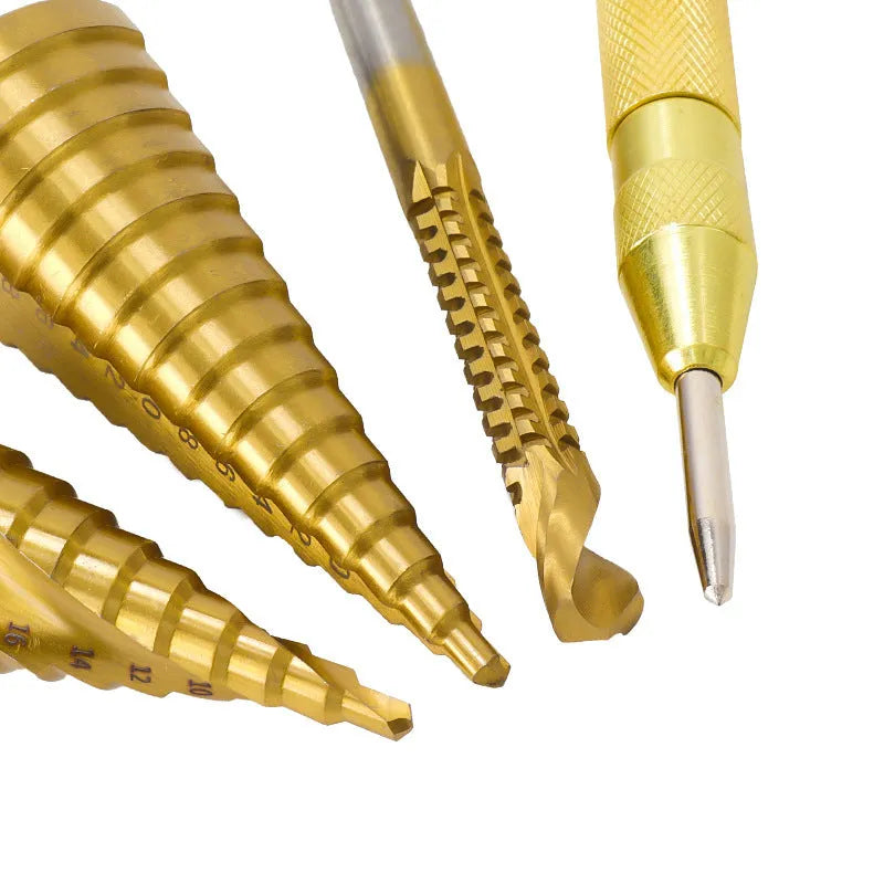 High-speed steel cone drill bit punch set showing step drills and centre punch for metal and wood drilling