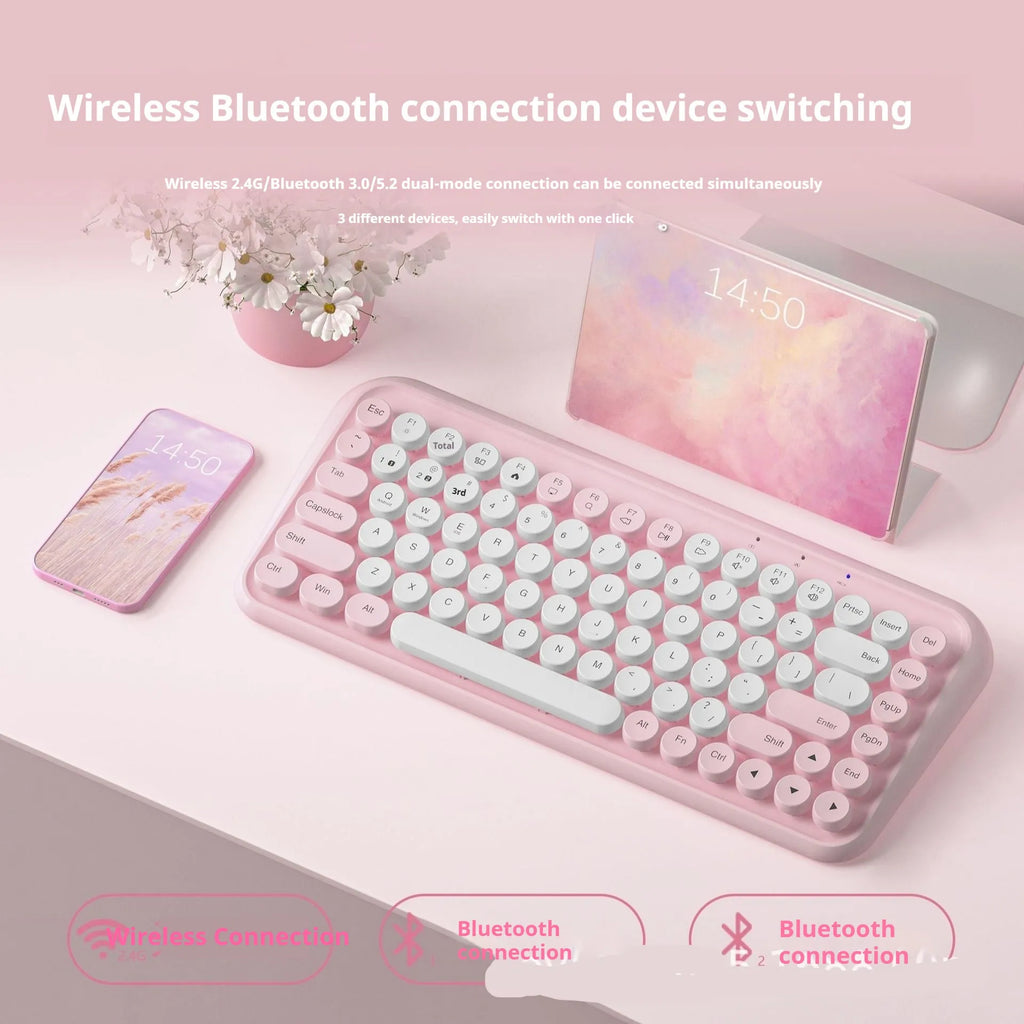 Pink wireless Bluetooth keyboard with 84 keys measuring 339mm wide, featuring crater architecture buttons for quiet typing