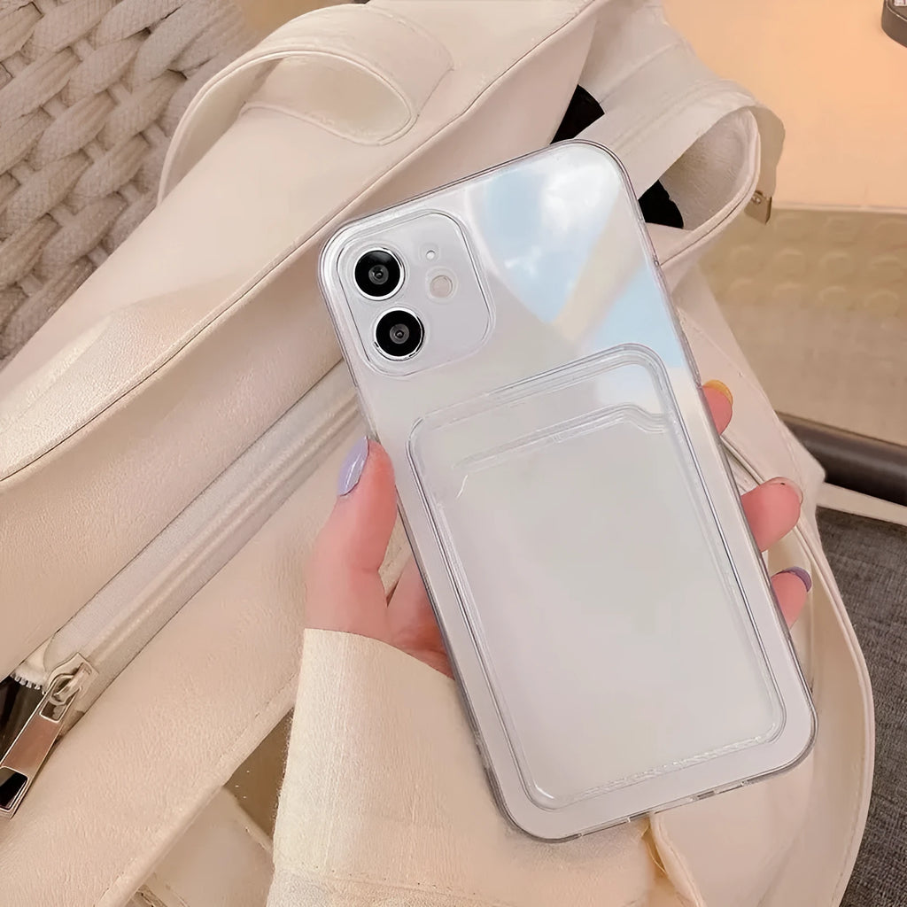 Clear transparent iPhone case with a card slot on the back, shown on an iPhone.