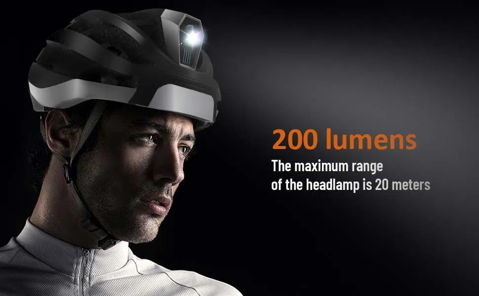 Black and grey smart cycling helmet with integrated warning lights and Bluetooth functionality