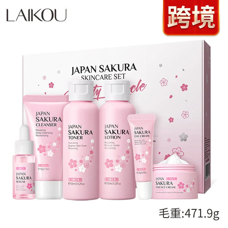 Cherry Blossom 6-piece skincare set showing cleanser, toner, moisturiser, essence, eye cream and essence cream