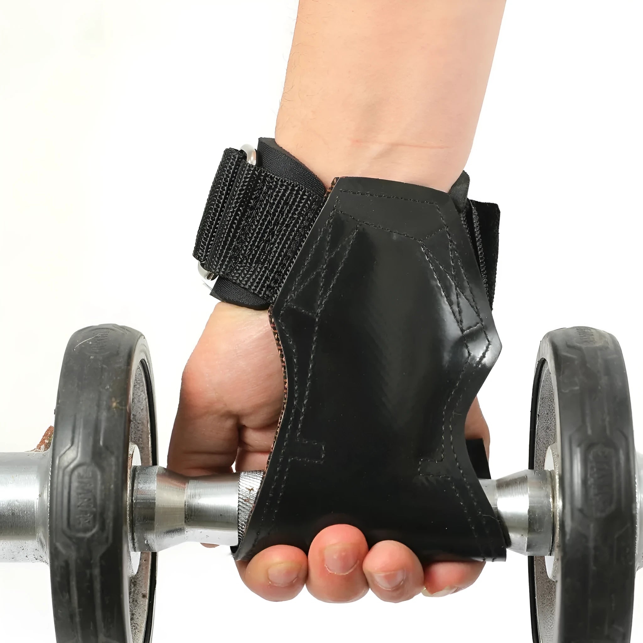Black rubber non-slip weightlifting palm protectors with an assist belt for rock climbing.