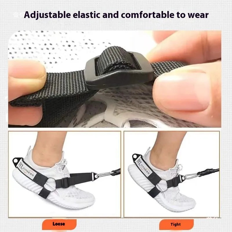 Gantry frame ankle strength strap with adjustable buckle shown in black, grey, and pink colour options