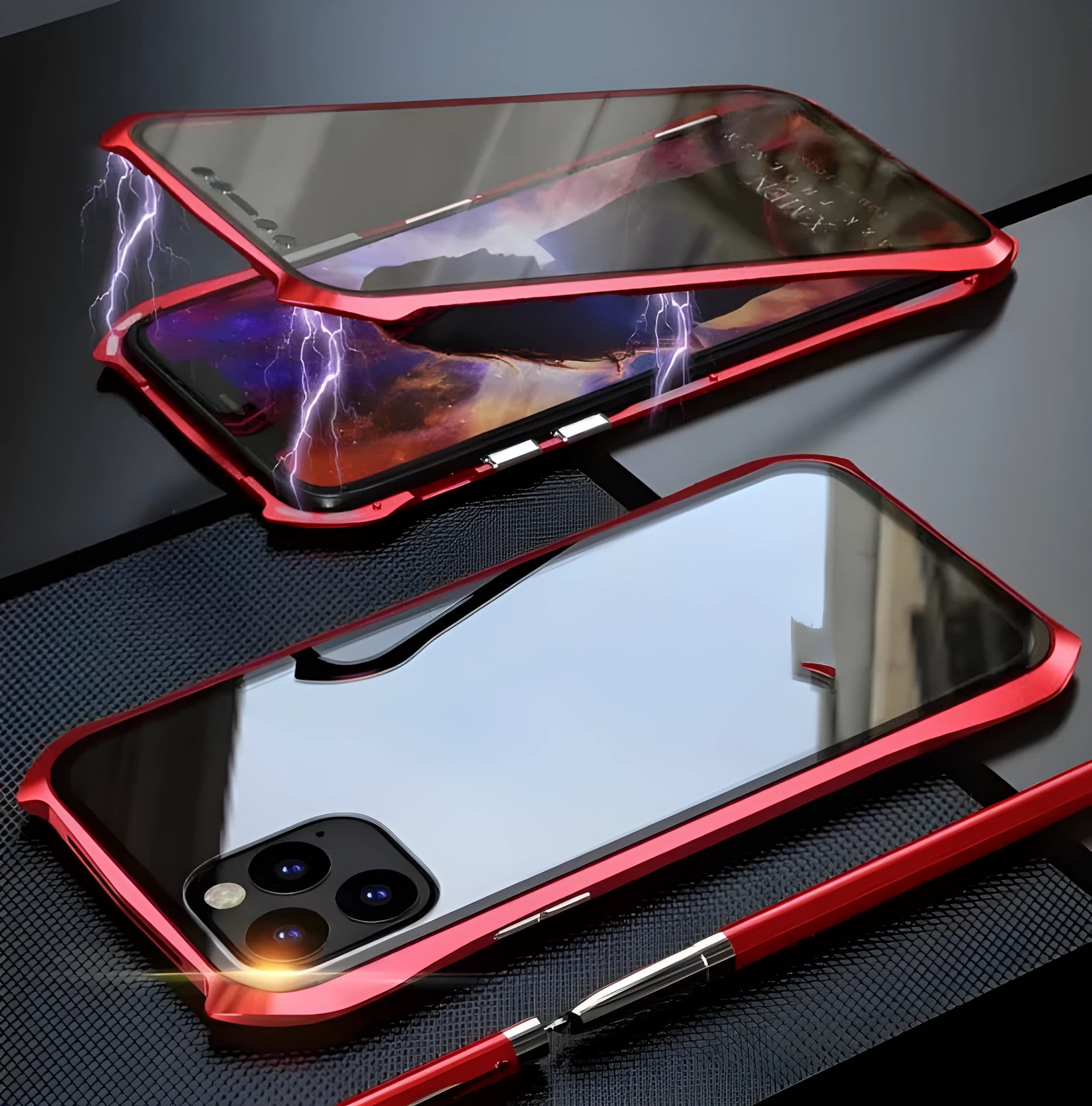 Silver metallic magnetic back cover case for an iPhone 11 Pro Max on a table.
