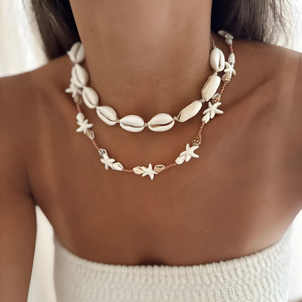 Women's geometric shell necklace on regular chain, natural colour X1900, bohemian style
