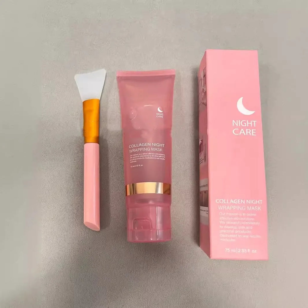 Collagen night face mask in 75ml bottle with application brush for skin firming and hydration