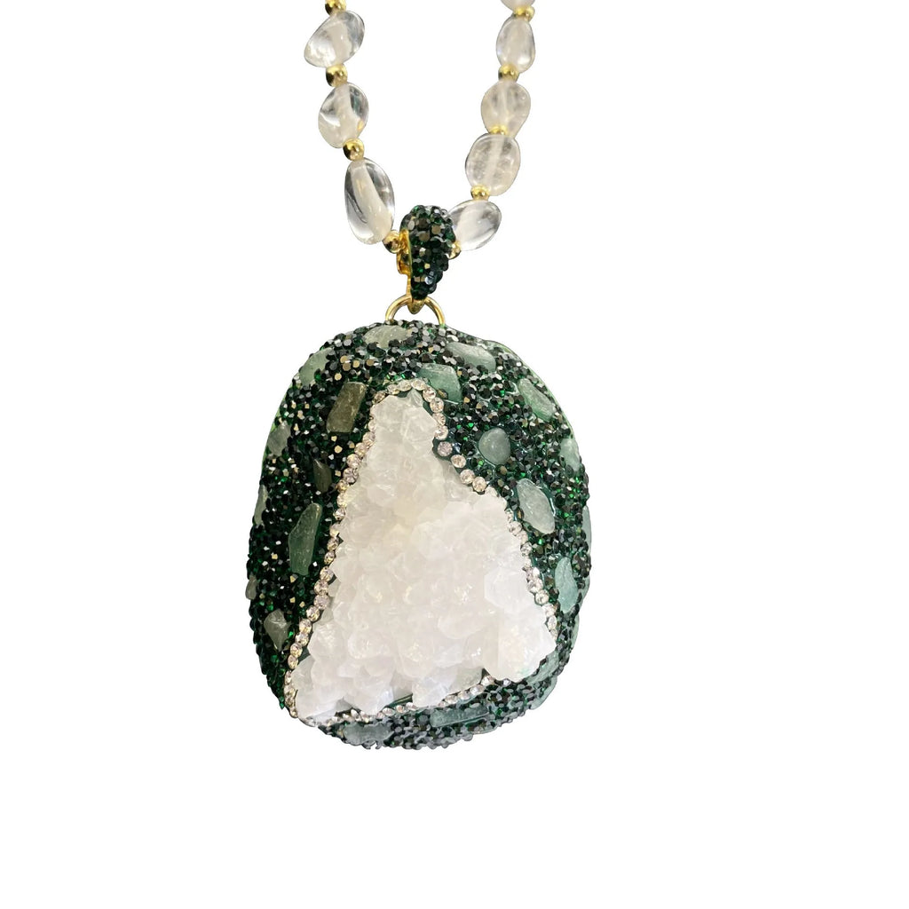 Crystal bud pendant necklace for women with transparent crystal bud, melon seed chain and geometric leaf design, 61-70cm