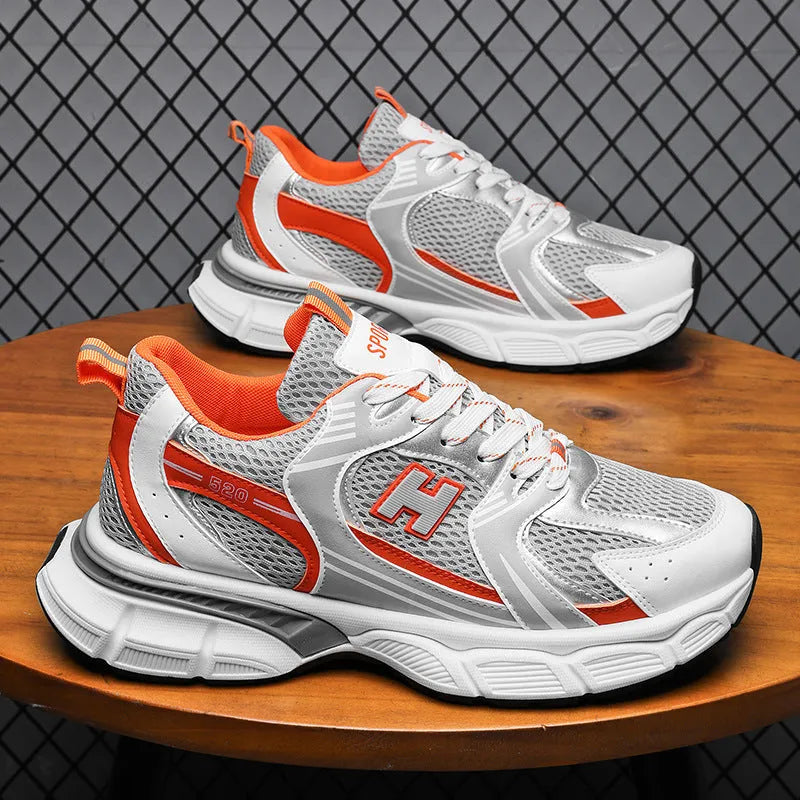 Men's mesh running shoes with plastic soles in three colour options showing round toe design