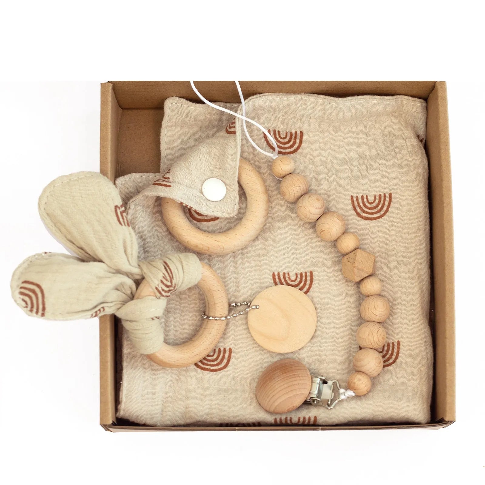 Baby teething toy gift set with bamboo fibre blanket, wooden teether, woven bell, and developmental toys for infants