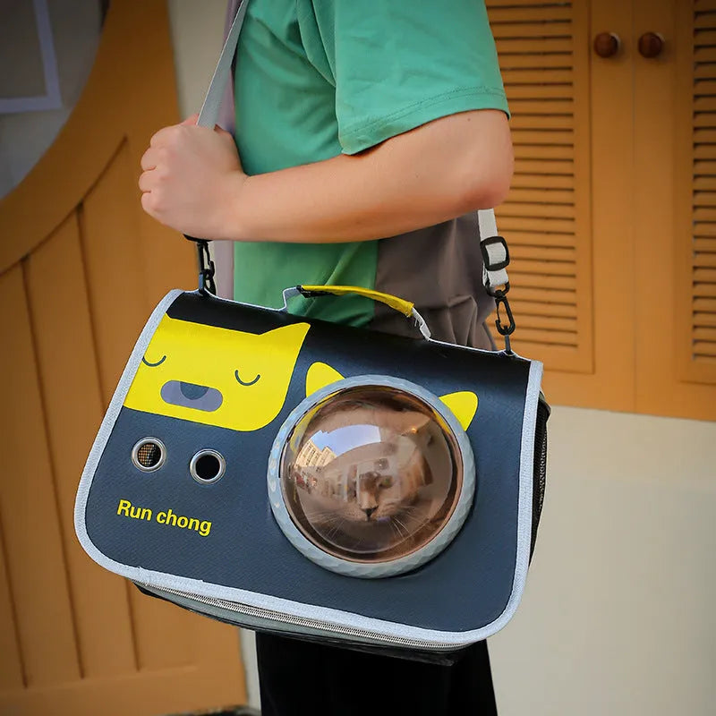 Transparent portable cat carry bag with cartoon pattern, 12kg capacity nylon pet carrier