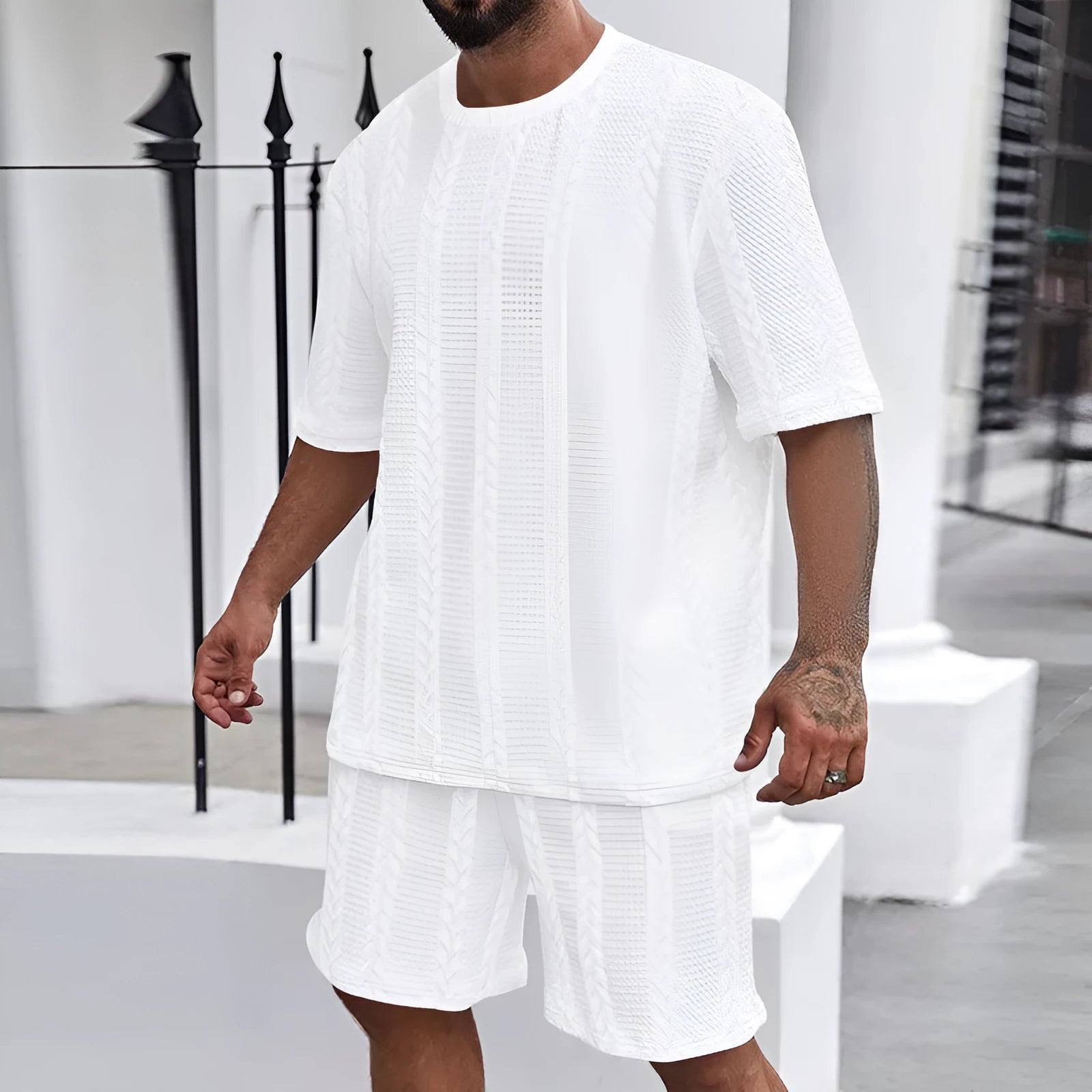 Knitted jacquard summer casual set with round neck pullover top and matching shorts in light grey colour
