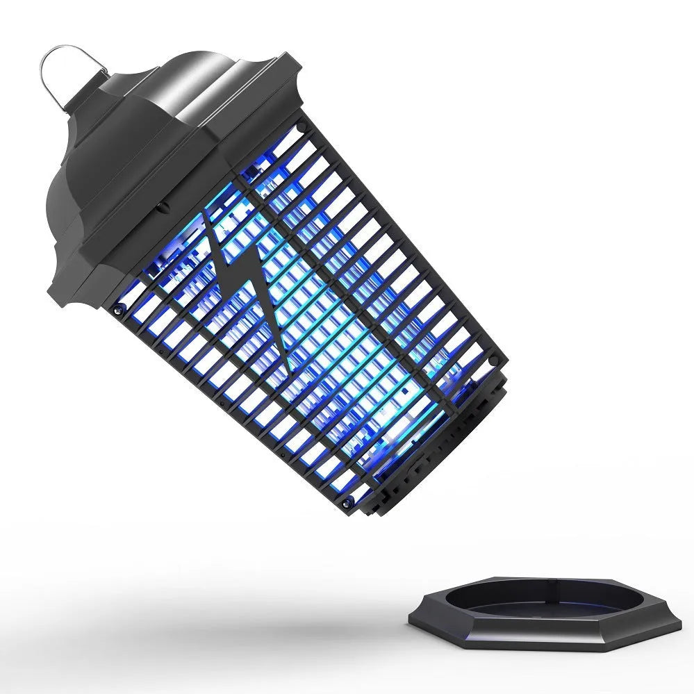 Black outdoor electric mosquito killer lamp with UV light and protective grid.