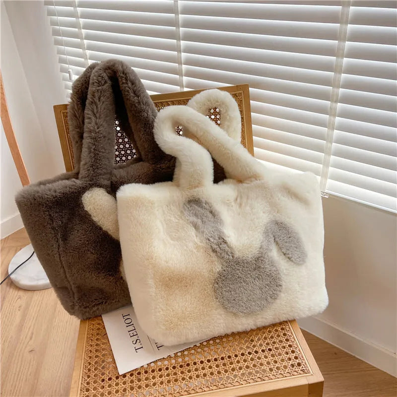 Cartoon rabbit ears plush tote bag in solid colour with shoulder strap for autumn winter use
