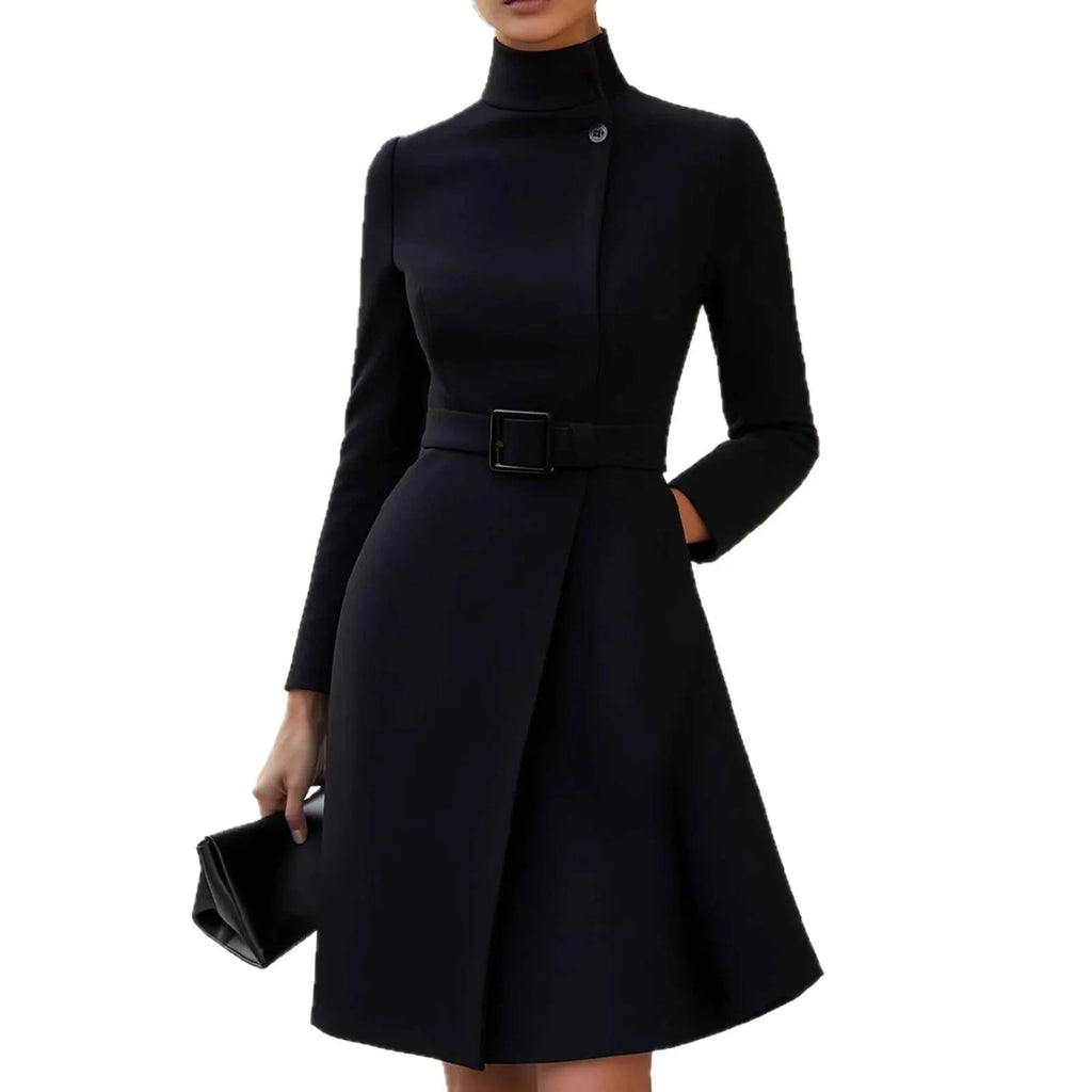 Women's long sleeve bohemian style dress with stand collar and high waist in polyester fabric