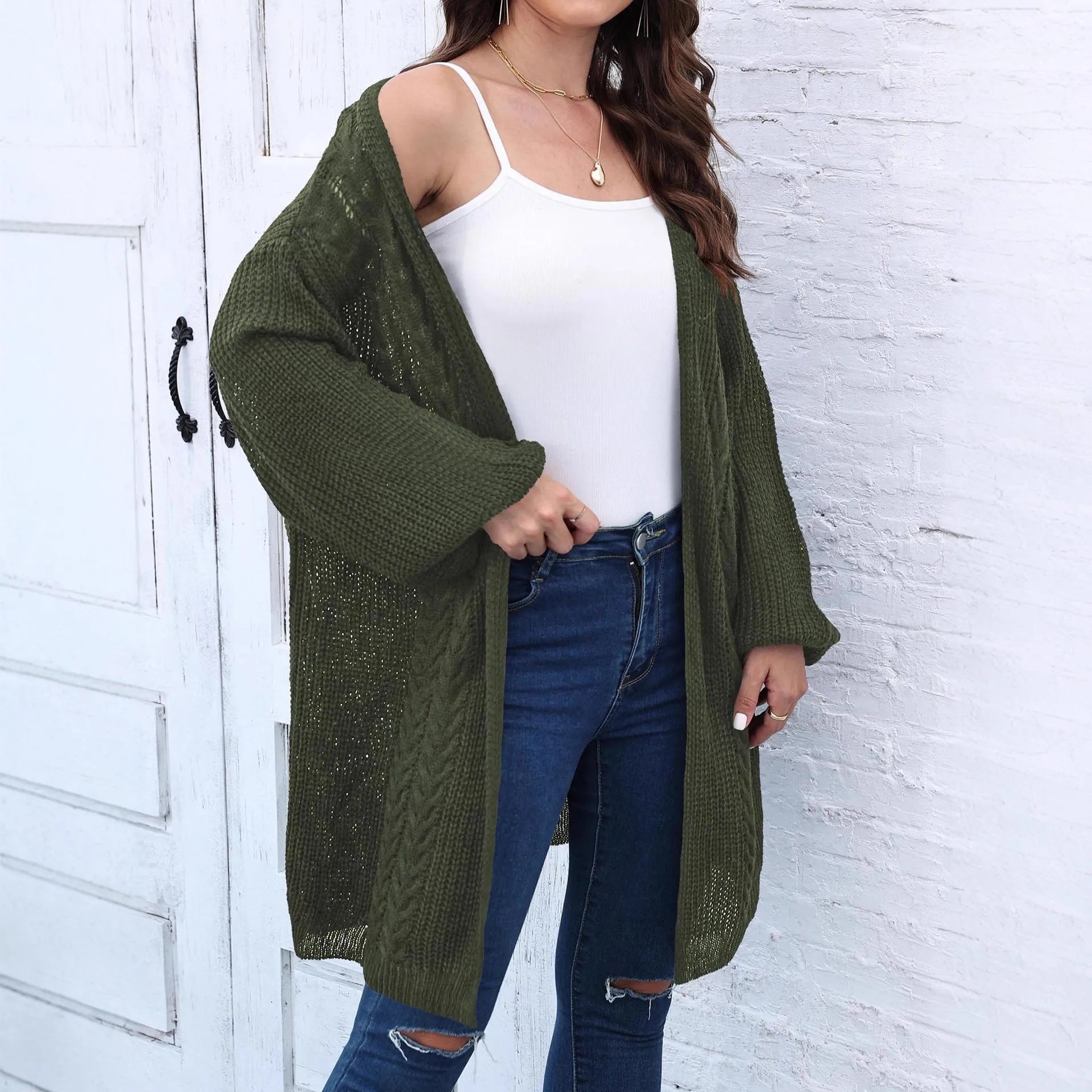 Women's loose acrylic sweater coat in free size, solid colour options including army green and rose red