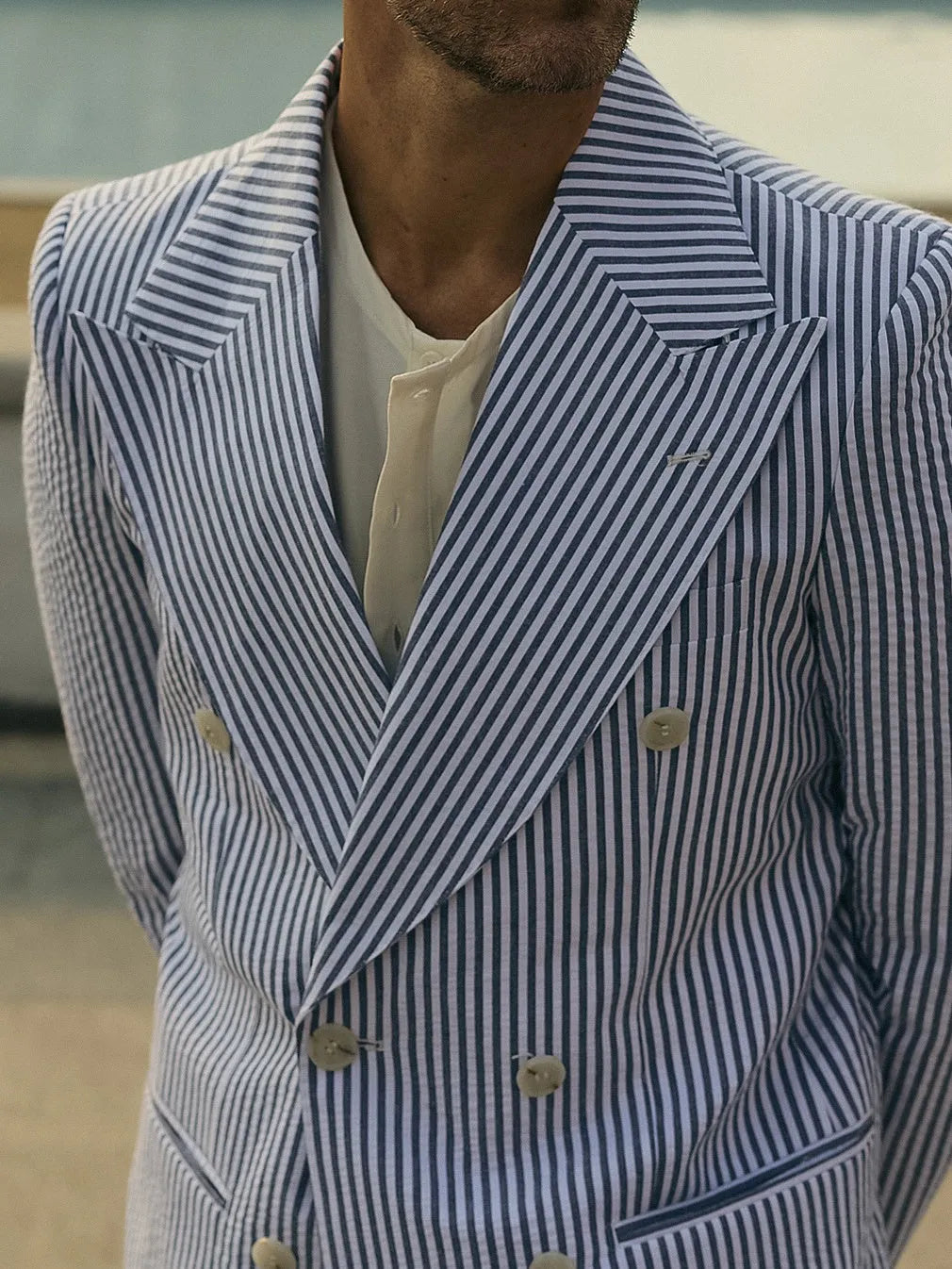Blue and white striped suit set with blazer and trousers in regular fit