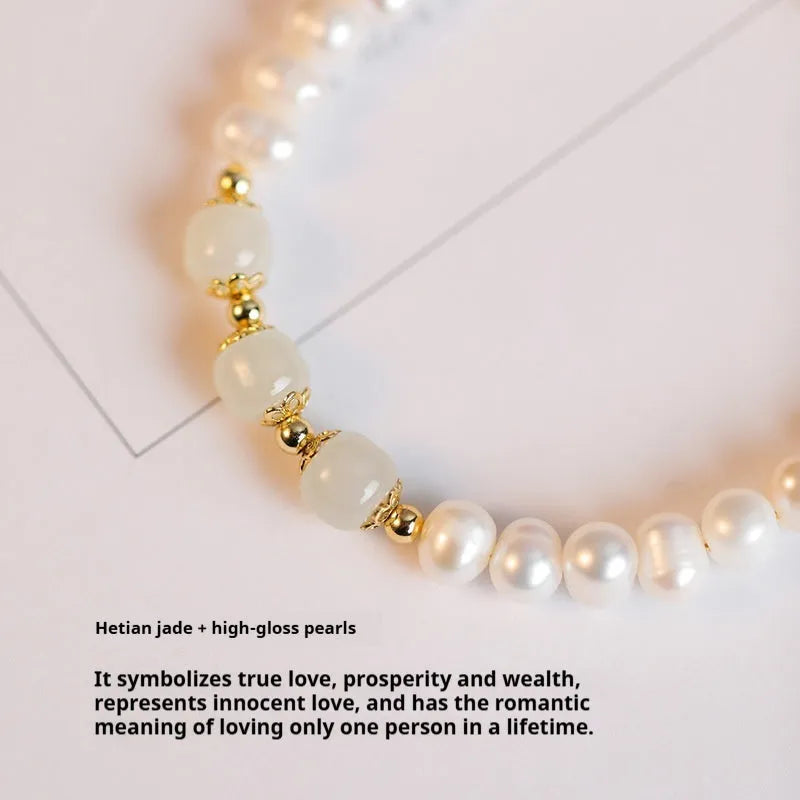 Diamond-shaped freshwater pearl bracelet in Hetian jade colour with Korean style design and adjustable clasp