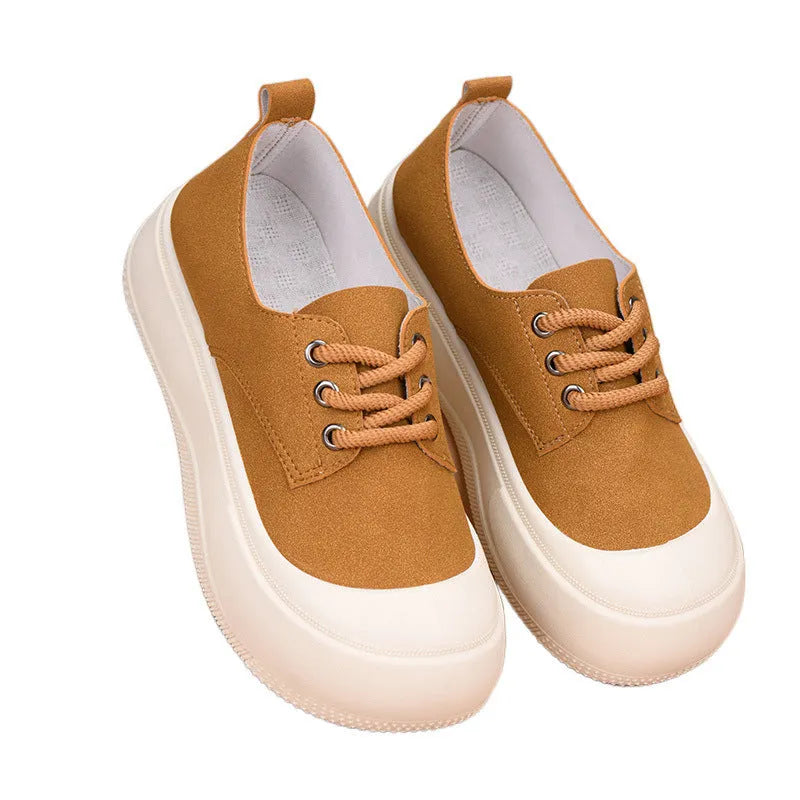 Women's camel suede platform loafers with round toe and front lace-up, showing 4cm sole lift