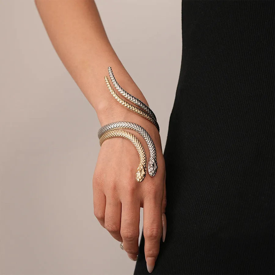Gold and silver exaggerated twisted winding snake opening ring and bracelet jewellery set