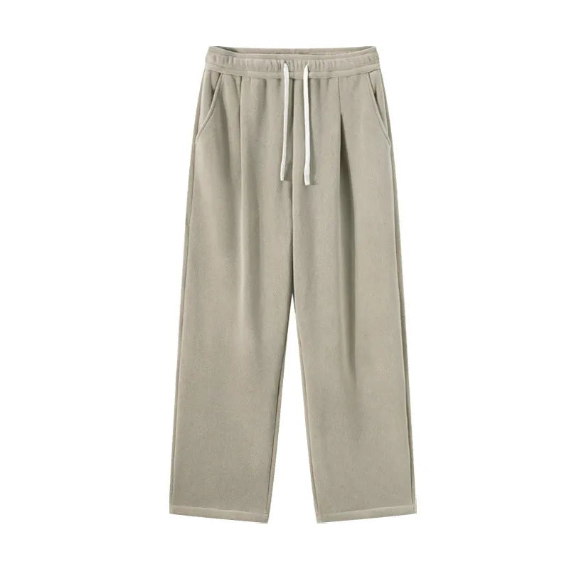 Men's double-sided polar fleece-lined winter trousers with drawstring waist in apricot, black, or dark grey