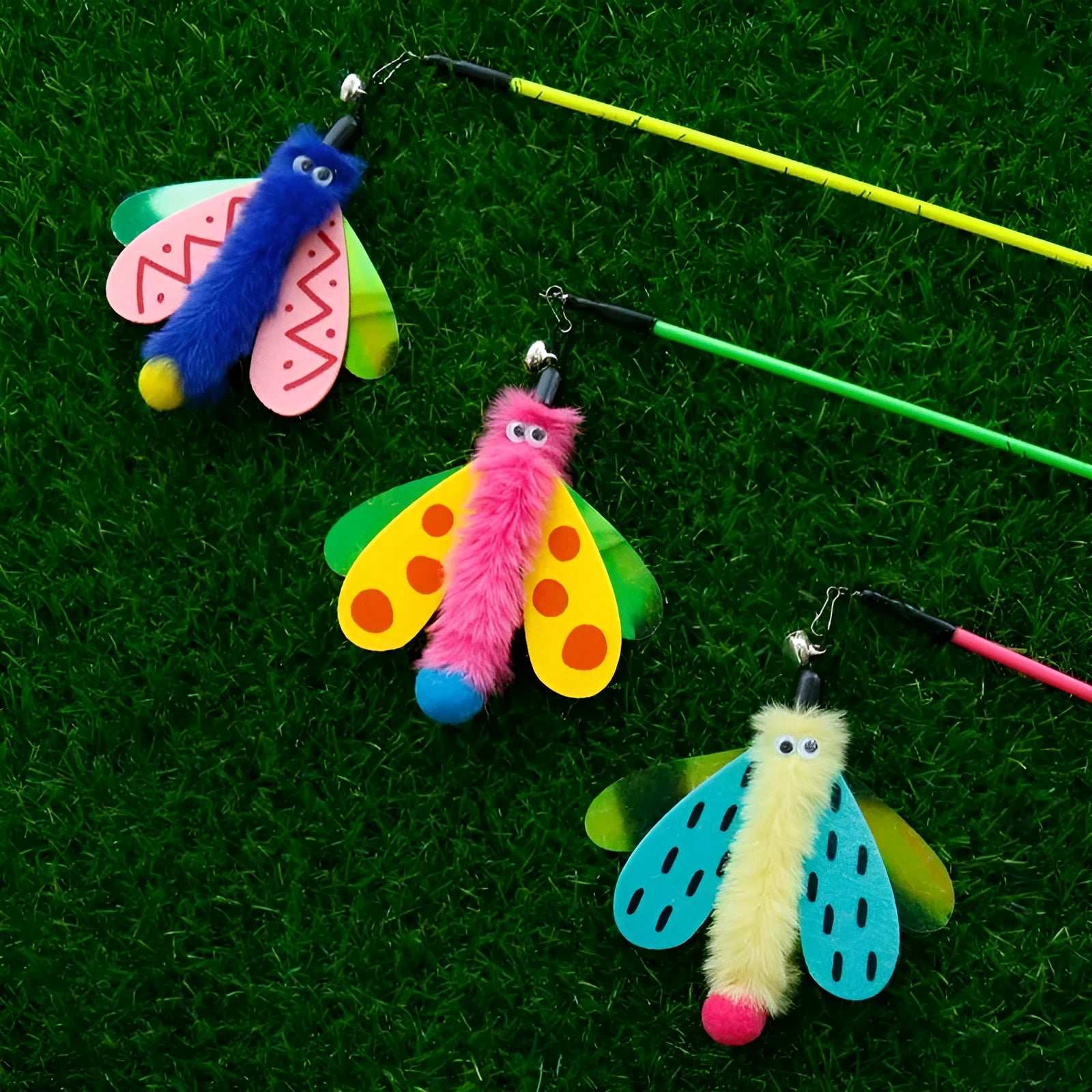 49cm cat wand toy with colourful dragonfly attachment and small bell for indoor cat play