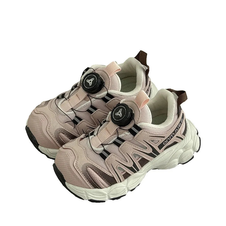 Girls' casual shoes in black, beige, or pink with PU leather mesh uppers for breathable lightweight wear