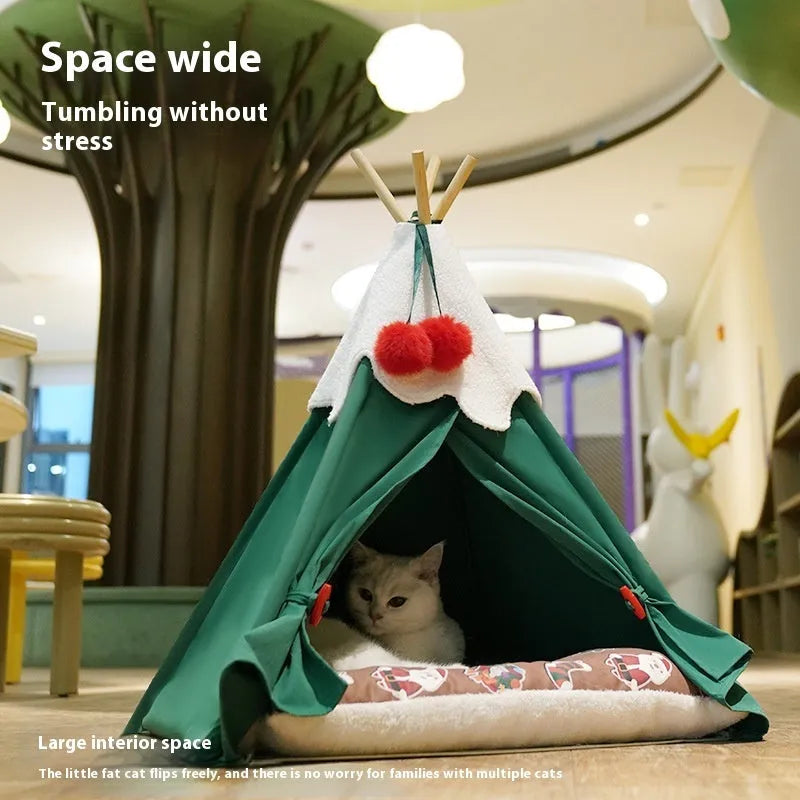 Semi-closed thickened cloth cat house with brown mat, winter warm pet bed for indoor cats