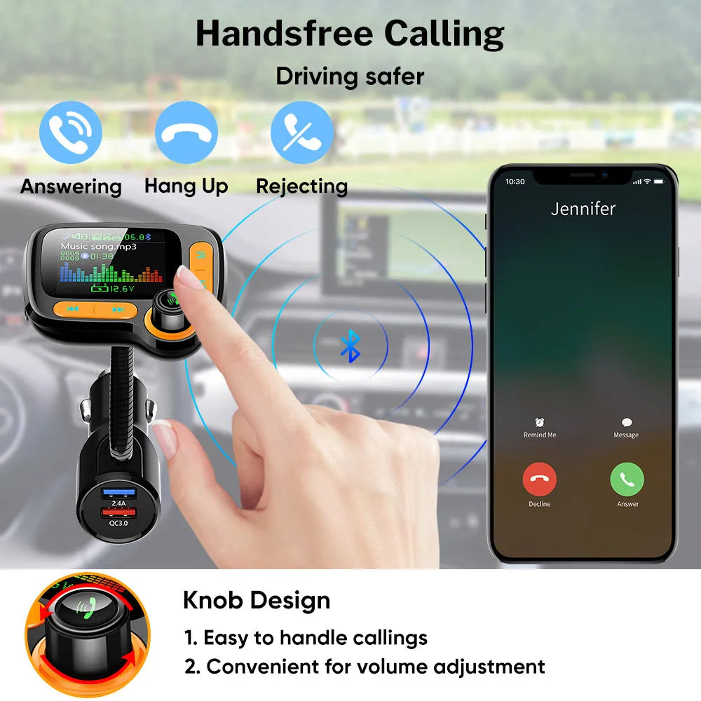 Car Bluetooth multi-function player with 1.77 inch colour screen, QC 3.0 dual USB port, and 360° hose.
