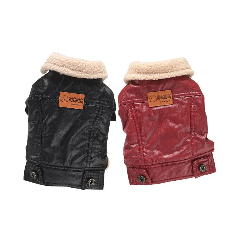 Fleece-lined PU leather dog coat in British style for winter warmth and weather protection
