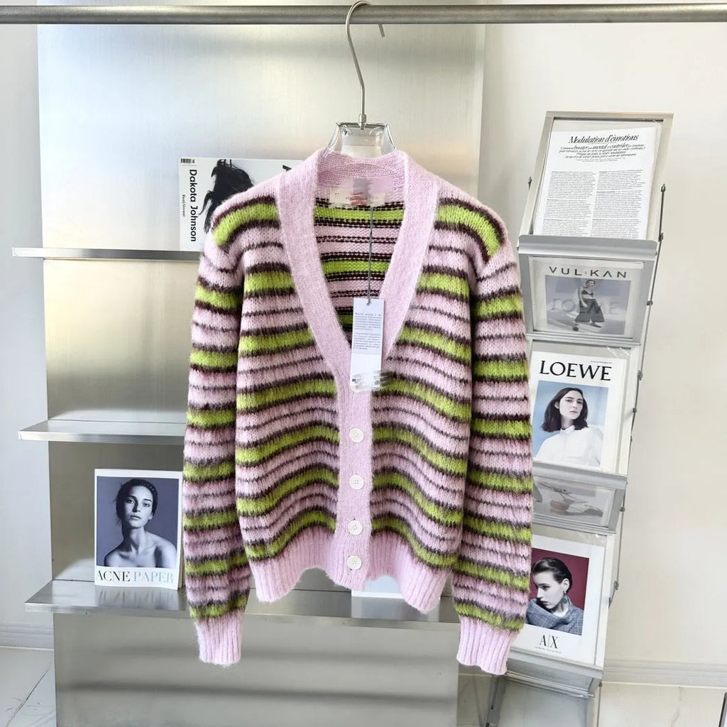 Pink haima wool knitted lazy coat cardigan and matching pullover with contrast colour detailing.