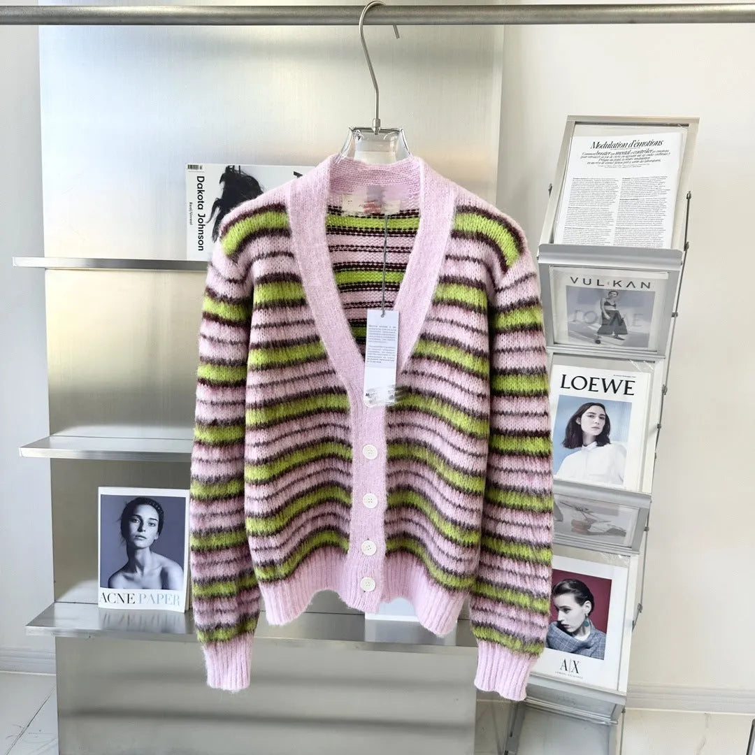Pink haima wool knitted lazy coat cardigan and matching pullover with contrast colour detailing.