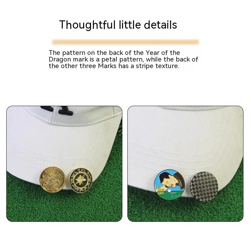 Zinc alloy golf hat clip with Dragon Year design, 3.5cm diameter, on golf hat