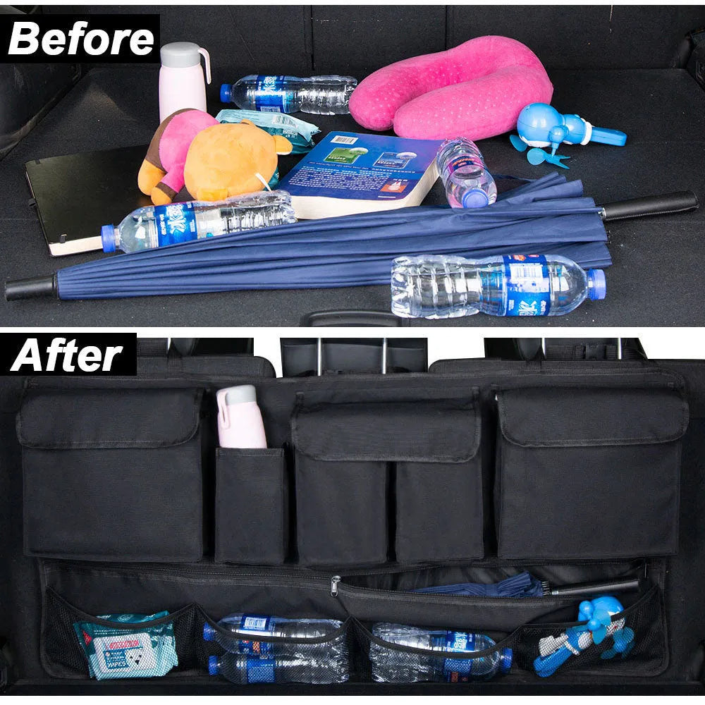 Black car boot hanging storage organiser with shopping bag compartments and waterproof Oxford cloth construction