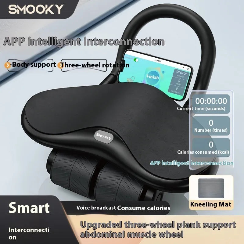 Three-wheel abdominal fitness wheel with automatic rebound mechanism and kneel pad in black colour