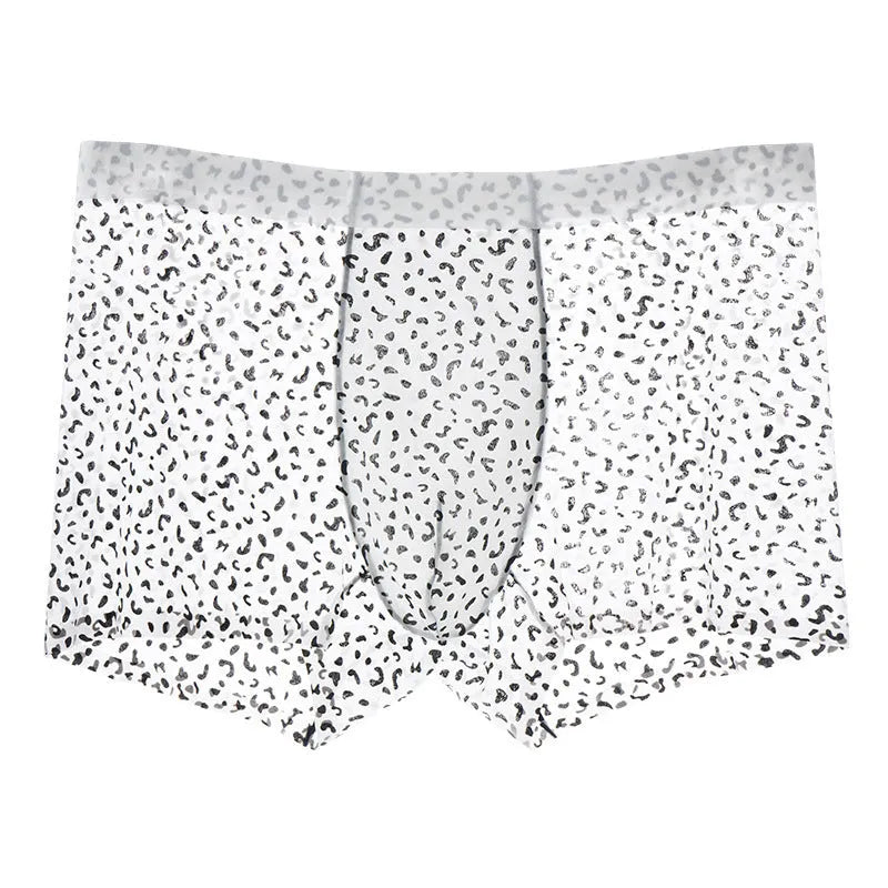 Men's ice silk boxer shorts in a black leopard print camouflage pattern, showing the mid waist design.