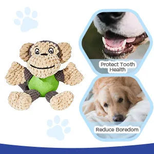 Red and tan plush monkey dog toy with squeaker, shown with a small dog.