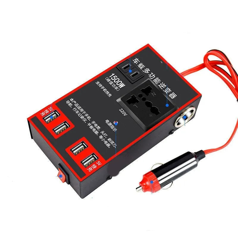 Black car power converter with UK three-pin socket and four USB ports for 12V/24V to 220V conversion