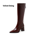 Retro Maillard tube high heel riding boots for women in black, brown, and wine red colours