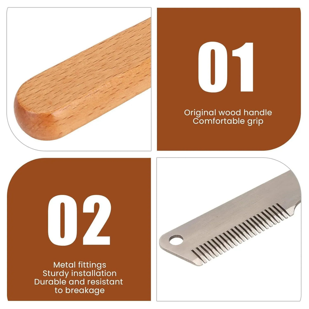 Pet stripping comb with wood handle for removing floating hair from cats and dogs, showing long and short sizes