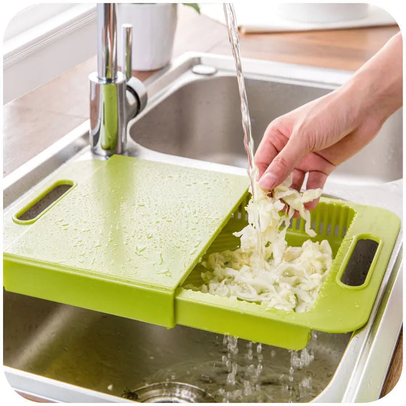 Multifunction kitchen chopping board with integrated sink drain basket in various colour options