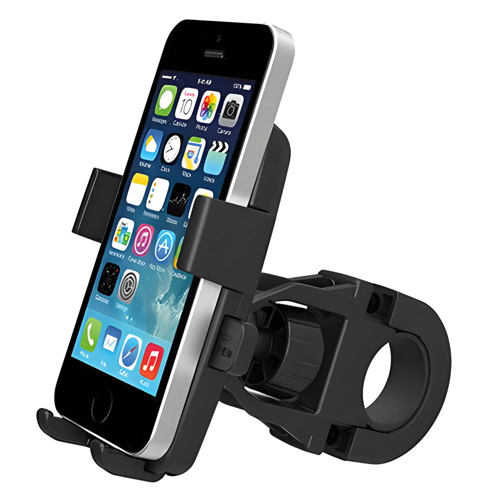 Black ABS plastic bicycle phone holder with rope security system mounted on handlebars