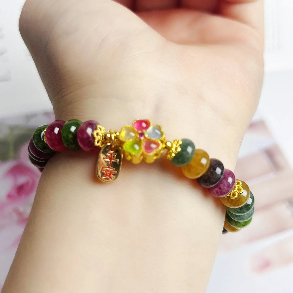 Colourful tourmaline abacus beads women's bracelet with artificial crystal construction