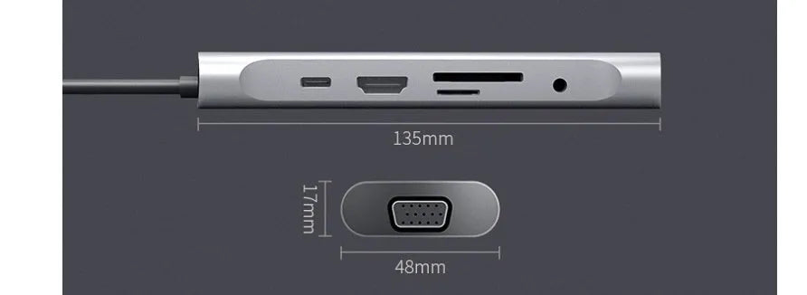 Grey USB-C docking station with HDMI, VGA, USB ports, and 140mm cable for laptop connectivity expansion